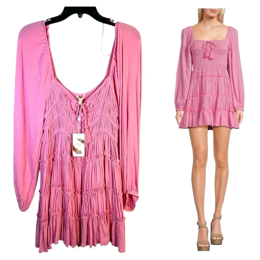 NEW Chelsea Violet Dress Juniors L Pink Smocked Tiered Ballon Sleeve Tassel Mini